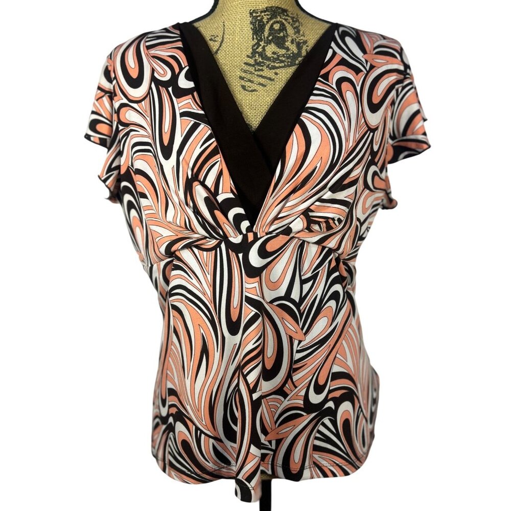 Y2K Babydoll Top Sz L Retro Psychedelic Print Brown and Coral V Neck Flutter Sle